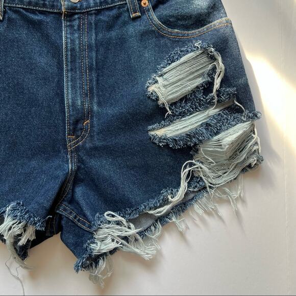 Vintage Levi’s Jean Shorts 30" Custom Distressed High Rise Blue Denim Dark Wash - Picture 6 of 13